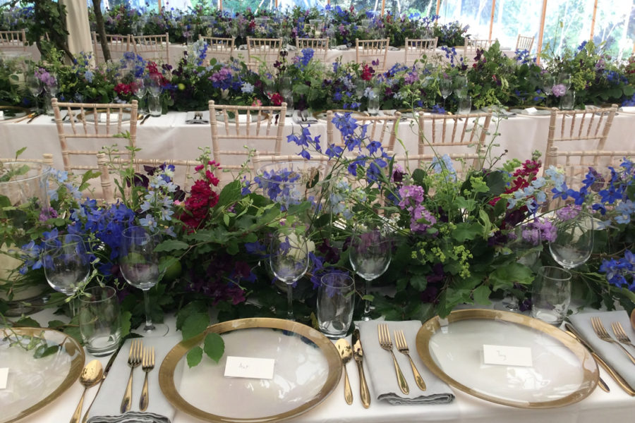 place setting and blue flowers