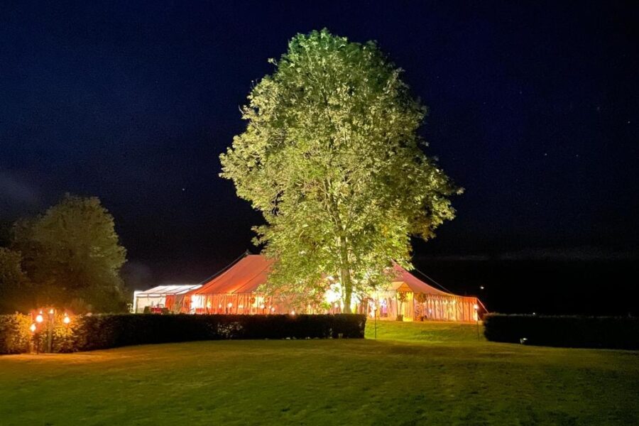 100' x 40' Traditional Canvas Marquee with floodlit tree